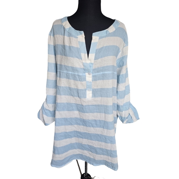 NWT Kaktus Light Blue and White Striped Tunic Top 100% Cotton Size XXL Beachy - Picture 2 of 7
